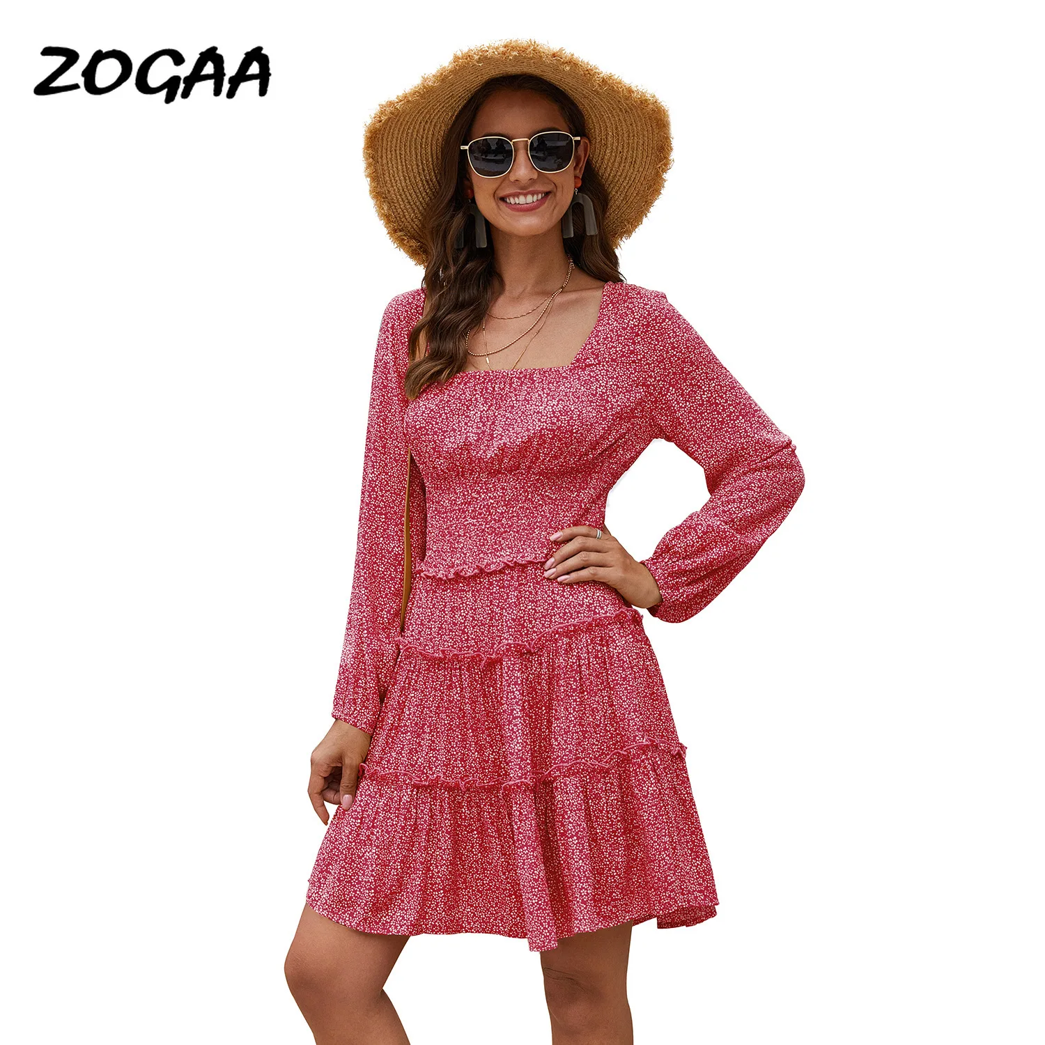

ZOGAA Dresses Women Hot Sale New Women's Floral Printed Long Sleeve Dress Elastic Waist Above Knee A-Line Leisure Trendy Elegant