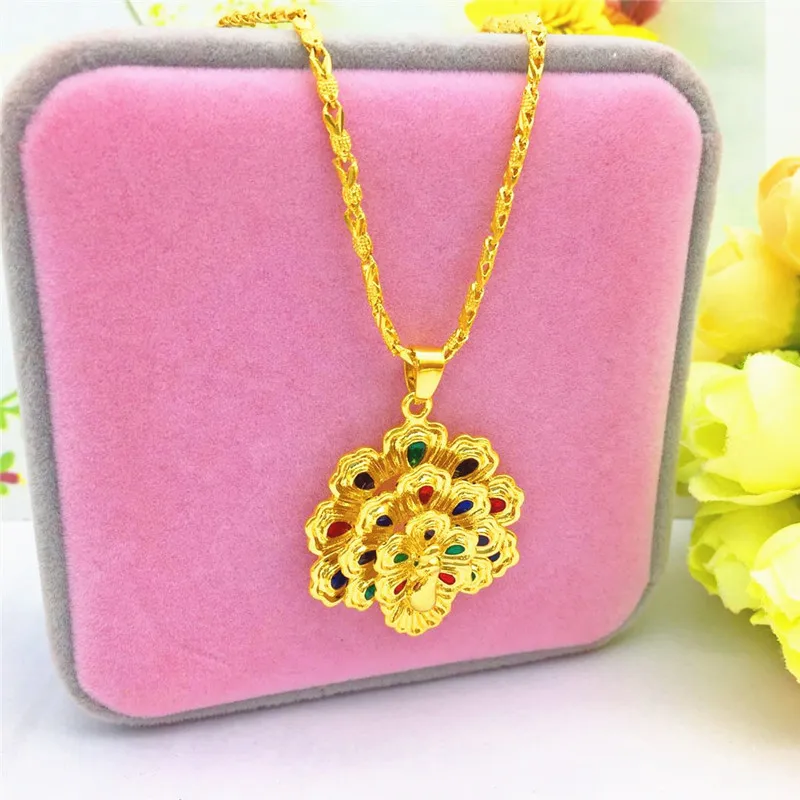 

COLORS GOLD 14K CHAIN NECKLACE FOR WOMEN WEDDING ENGAGEMENT ANNIVERSARY JEWELRY WITH EXQUISITE PEACOCK PENDANT BIRTHDAY GIFTS