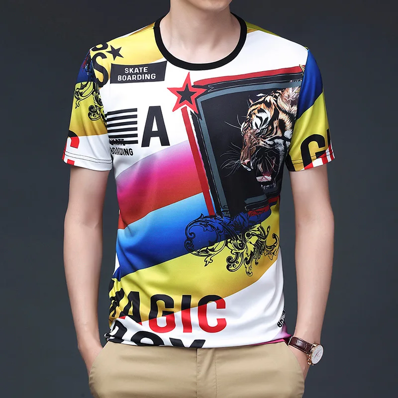 

Summer Men's Round Neck Printed Pattern Letter T-shirt European and American Men's Tide Brand T-shirt Short Sleeve