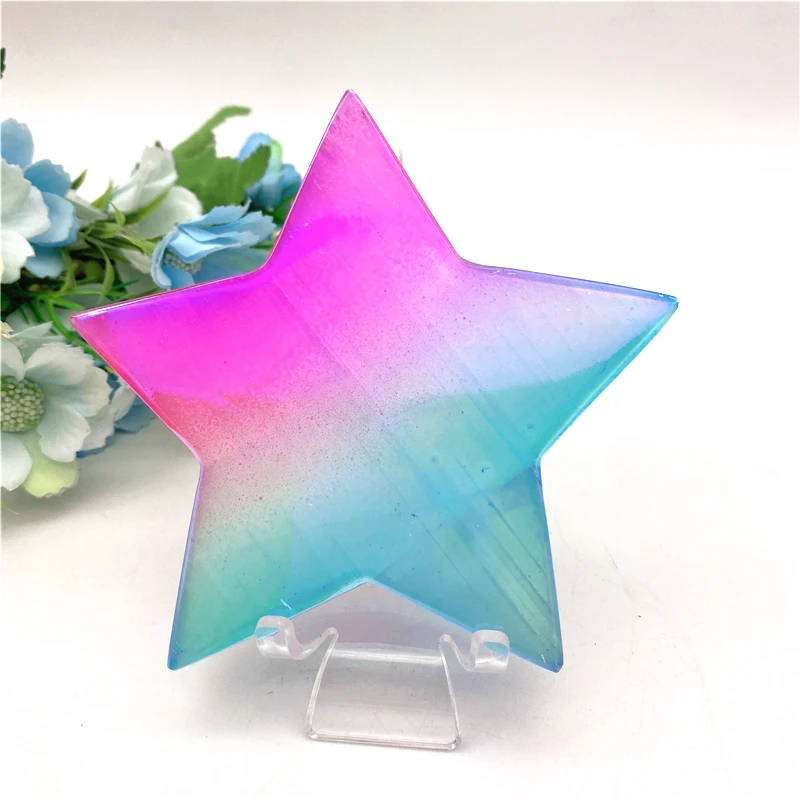 

NEW Electroplated Blue and Pink Titanium Aura White Selenite Crystal Stars Moons Shaped Healing Crystal Stones Crafts Decor Gift