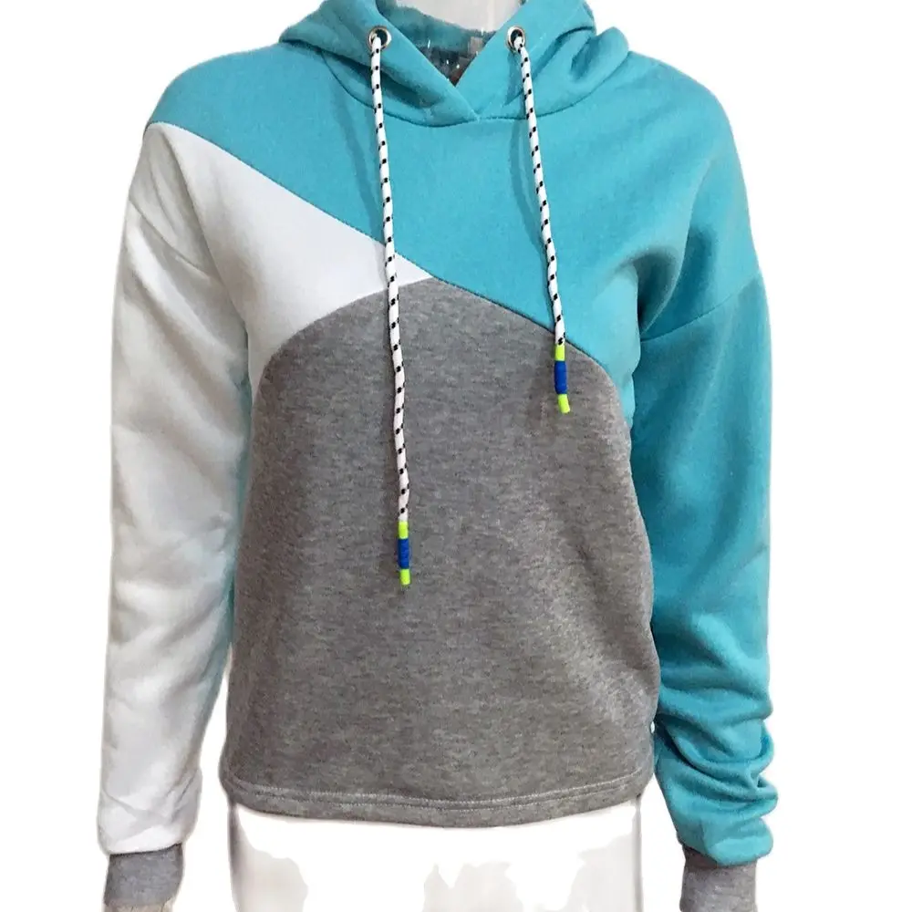 

Autumn And Winter New Stitching Contrast Color Women's Tops Plus Velvet Hooded Long-sleeved Drawstring Sweater Women Loose Korea