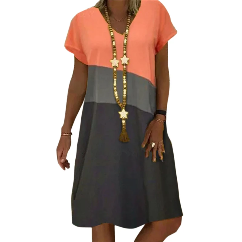 

Vintage V-Neck Striped Party Dress Women Spring Summer Short Sleeve Dress Elegant Plus Size Patchwork Casual Dresses