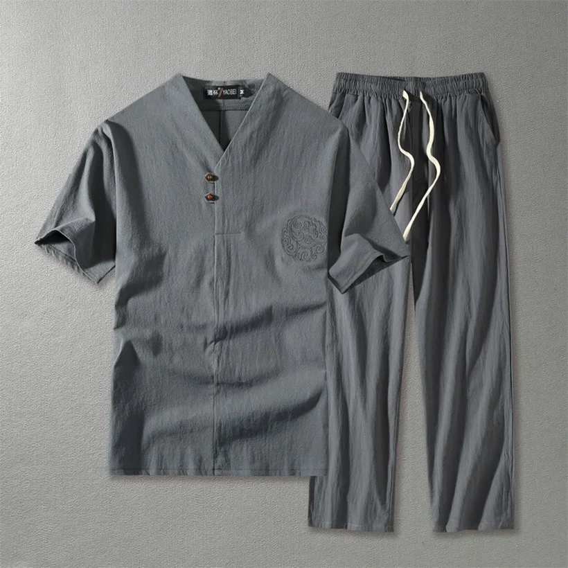 

Cotton Hemp Men's Plus Fat Loose Size V-neck Short Sleeve Pants Two Piece Linen T-shirt Casual Male Set Chinese Style 2021