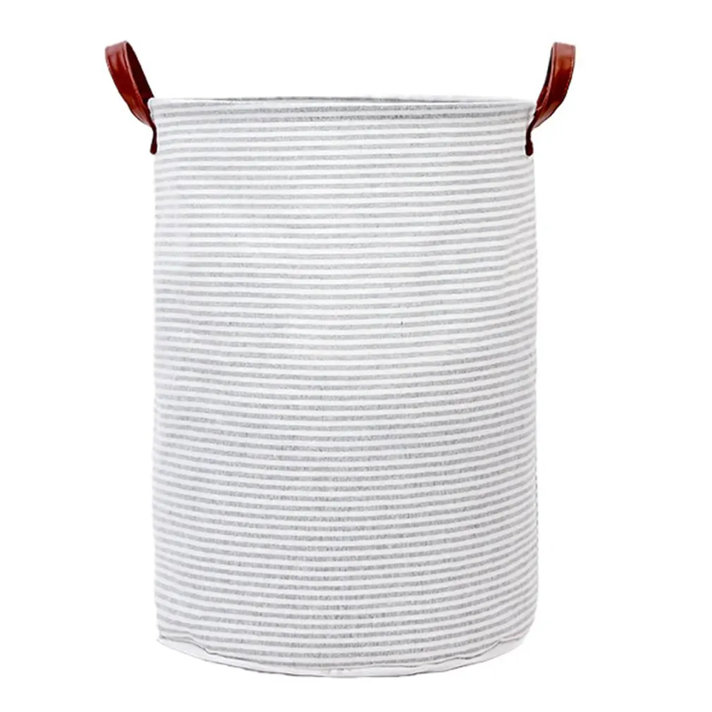 

Round Laundry Basket Cylindrical Clothes Storage Hamper With Leather Handle Freestanding Sundries Basket