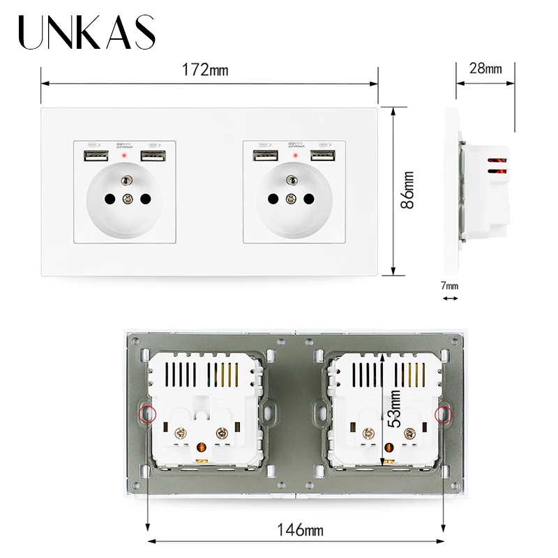 Черная пластиковая настенная розетка UNKAS из поликарбоната с 4 USB-разъемами