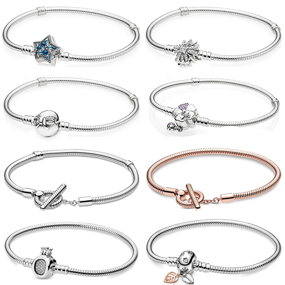 

2020 NEW 100% 925 Sterling Silver Moments T-Bar Snake Crown O Snake Chain Bracelet Fit Women Original Fashion Jewelry Gift