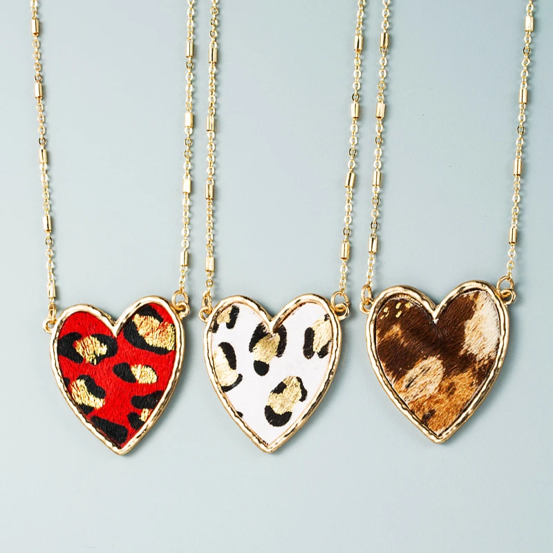 Ful Leopard Print Geometric Heart Pendant Necklace For Women