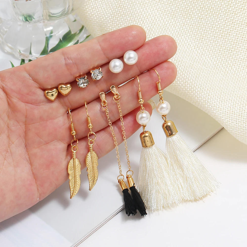 6 Pairs/Lot Imitation Pearl Heart Big Circle Tassel Drop Earrings Set For Women Leaf Flower Elephant Earring Ear Jewelry | Украшения и