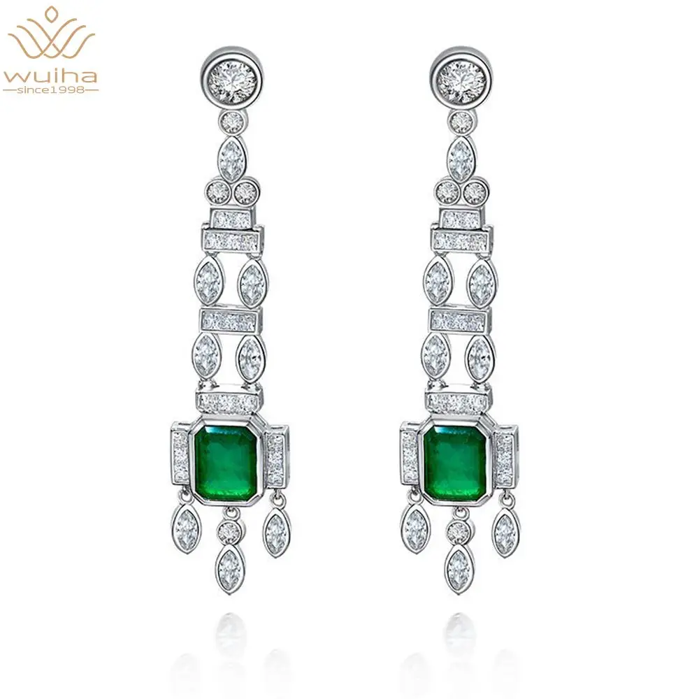 

WUIHA Vintage 100% 925 Sterling Silver Long Tassel Emerald Created Moissanite Gemstone Drop Earrings Women Wedding Fine Jewelry