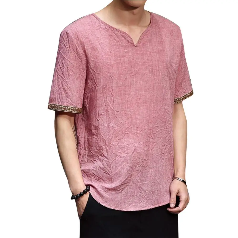 

Retro Men Plus Size Linen Rhombus Patchwork Short Sleeve V Neck T-Shirt Top
