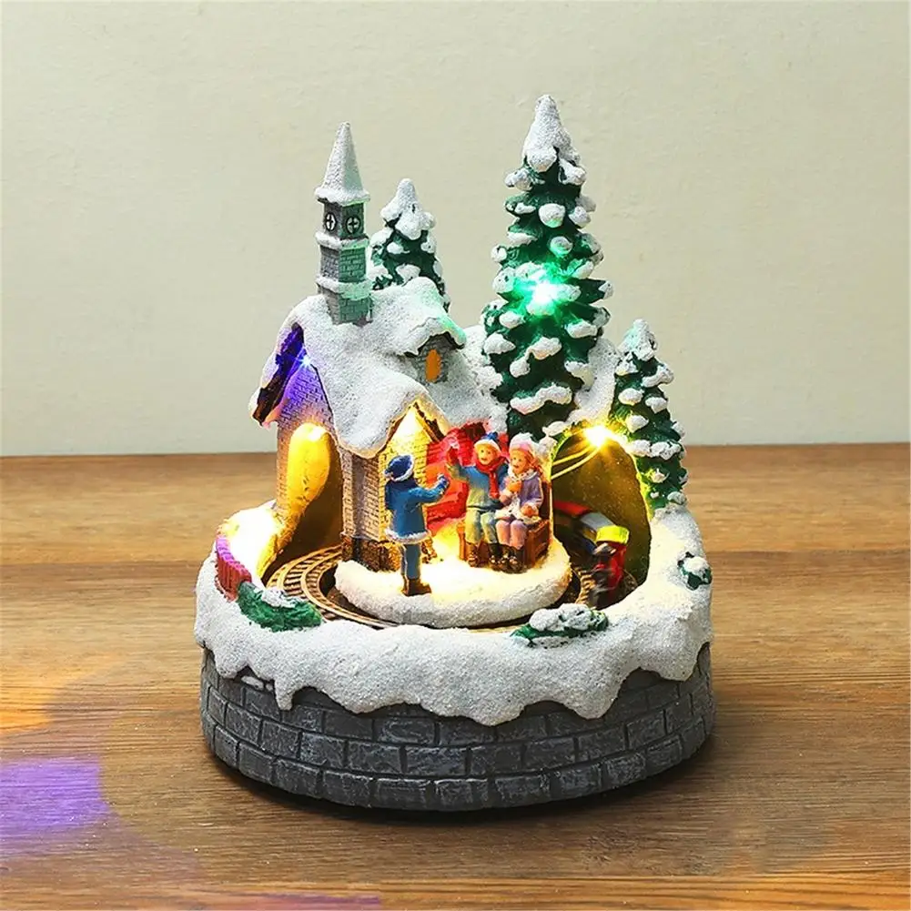

Resin Craft Snow House With Rotating Train Christmas Village LED Light Music Christmas Decoration For Home New Year Kid Gift