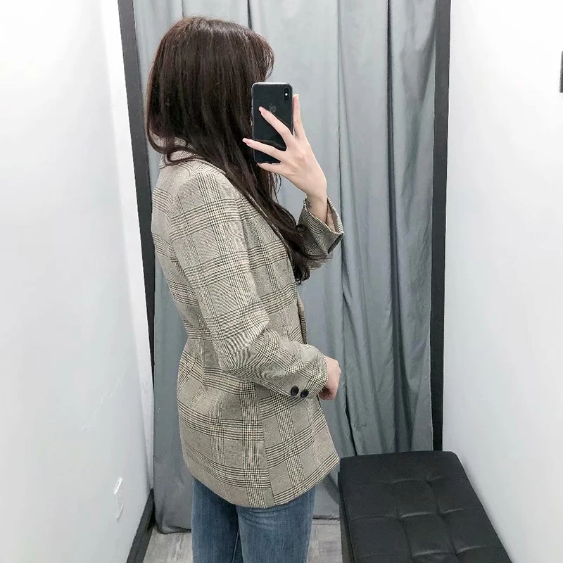 

Bella philosophy Women Autumn Long Sleeve Plaid Blazers Jackets Vintage Loose Female Double Breasted Blazers Casual OL Outwears