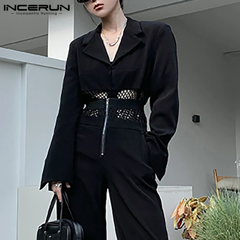 

2022 Men Blazer Bodysuit Mesh Patchwork See Through Lapel Long Sleeve Suits Streetwear Men Sexy Casual Bodysuits S-5XL INCERUN