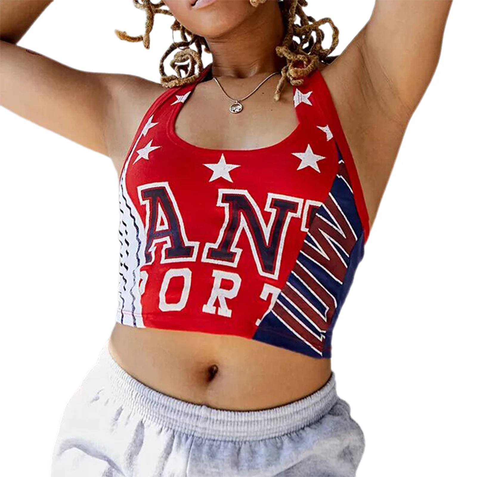 

Ladies Summer Midriff-baring Camisole, Girls Star Letter Printing Hanging Neck Sleeveless Tops Slim Base Shirt