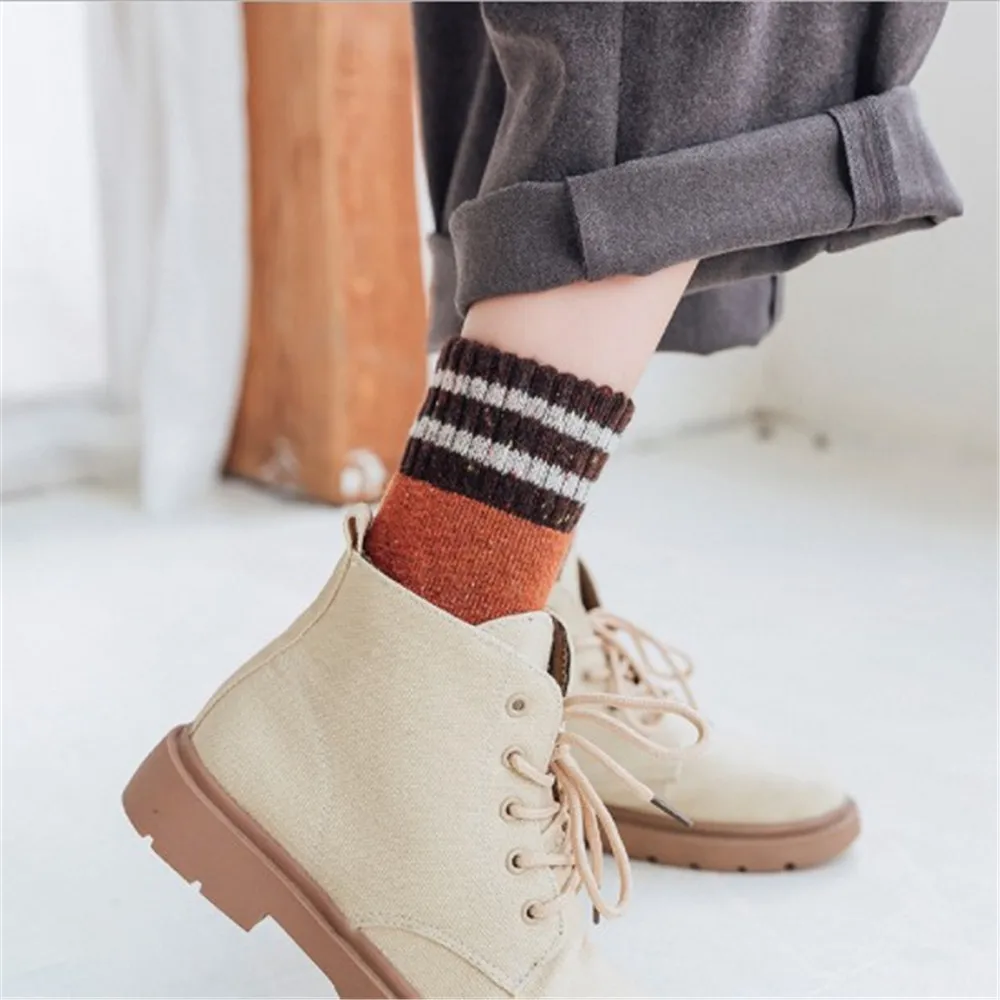 Толстые махровые шерстяные носки для женщин на осень и зиму с полосатым узором в