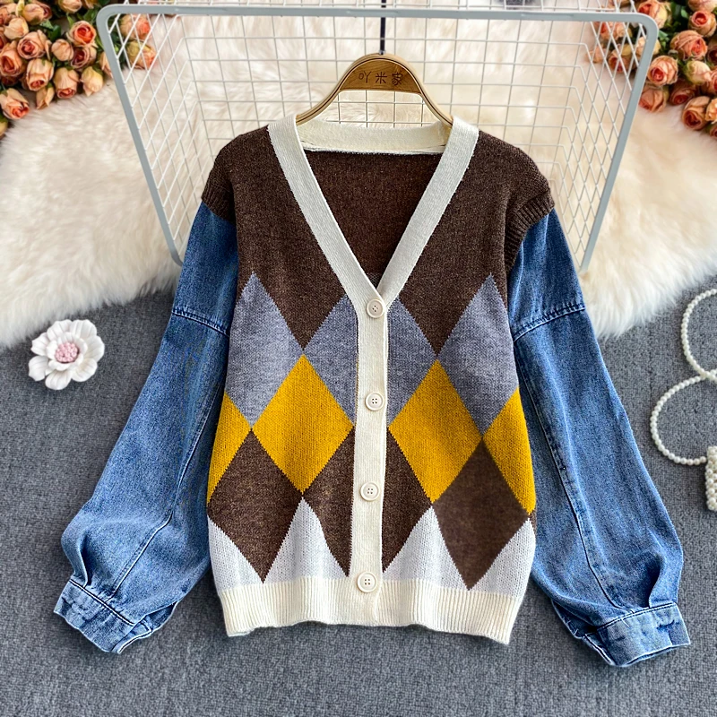 

YIZZHOY Autumn Winter New Women Lazy V-neck Jeans Stitched Rhombic Knitted Cardigan Coat Long sleeve Loose Sweater