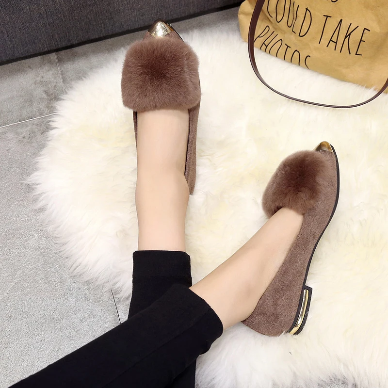 

Winter Shoes Women Casual Female Sneakers Pointed Toe Loafers Fur Autumn Flats All-Match Shallow Mouth Elegant Modis Slip-on New