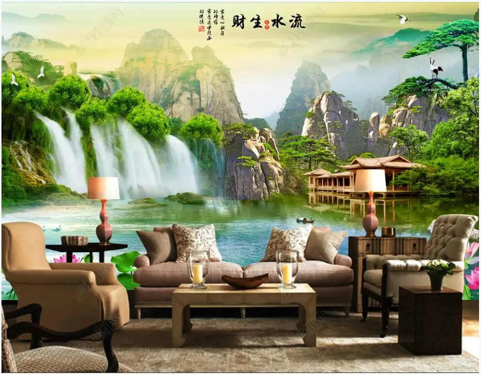 

3D-обои для стен в рулонах, настенные современные украшения в китайском стиле, с изображением водопада, озера, домашний декор, фотообои на сте...