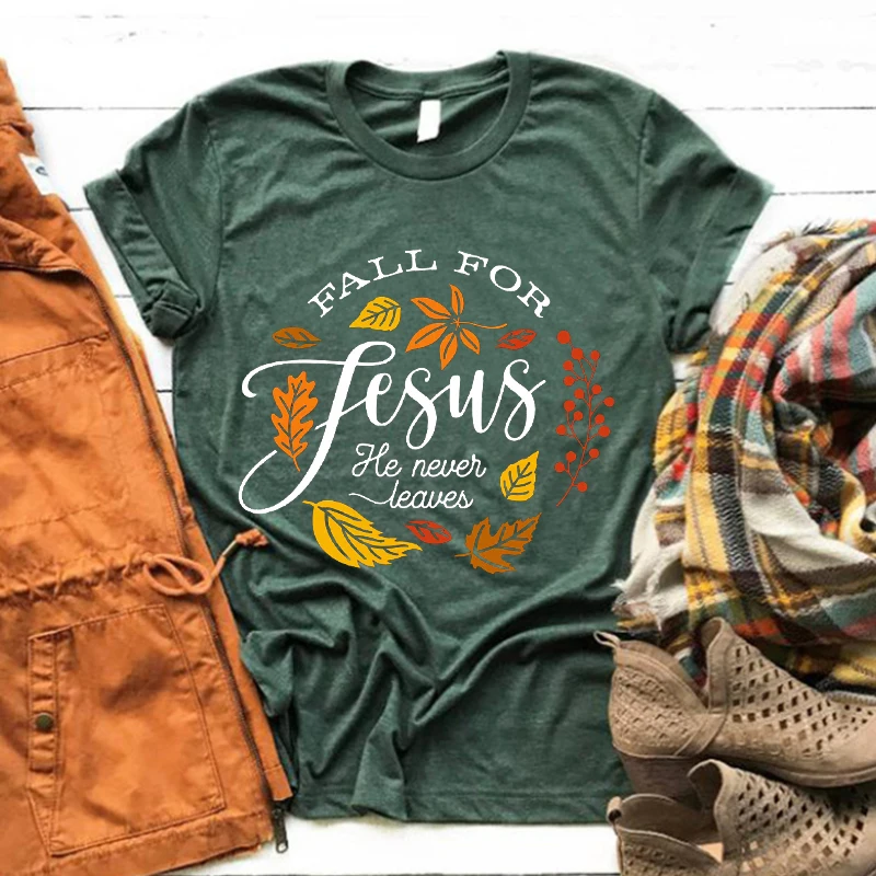 

Fall for Jesus He Never Leaves, Fall Shirt Autumn Woman Tshirts Thanksgiving Shirt Ladies Fall Clothes Fall Graphic Tees M