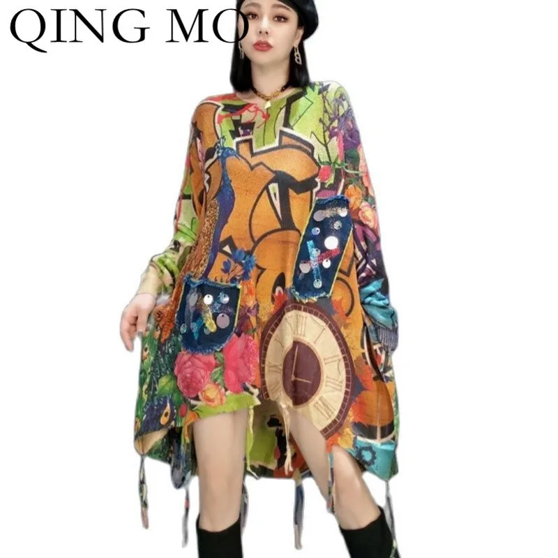 

QING MO Autumn Fashion Knitted Pullover Sweater Women Loose And Thin Sequin Stitching 2021 Trend Printing Sweater Dress ZWL491