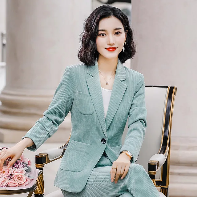 

High Quality 2 Pieces Set Formal Corduroy Pant Suit Office Lady Uniform Designs for Women Business Casual Suits Work Wear Pink