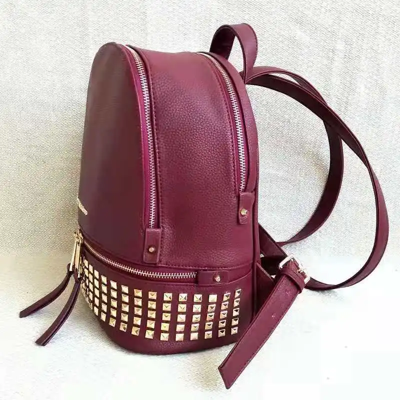 

2021 leisure female backpack luxury ladies travel bag PU leather lychee pattern designer rivet ladies backpack