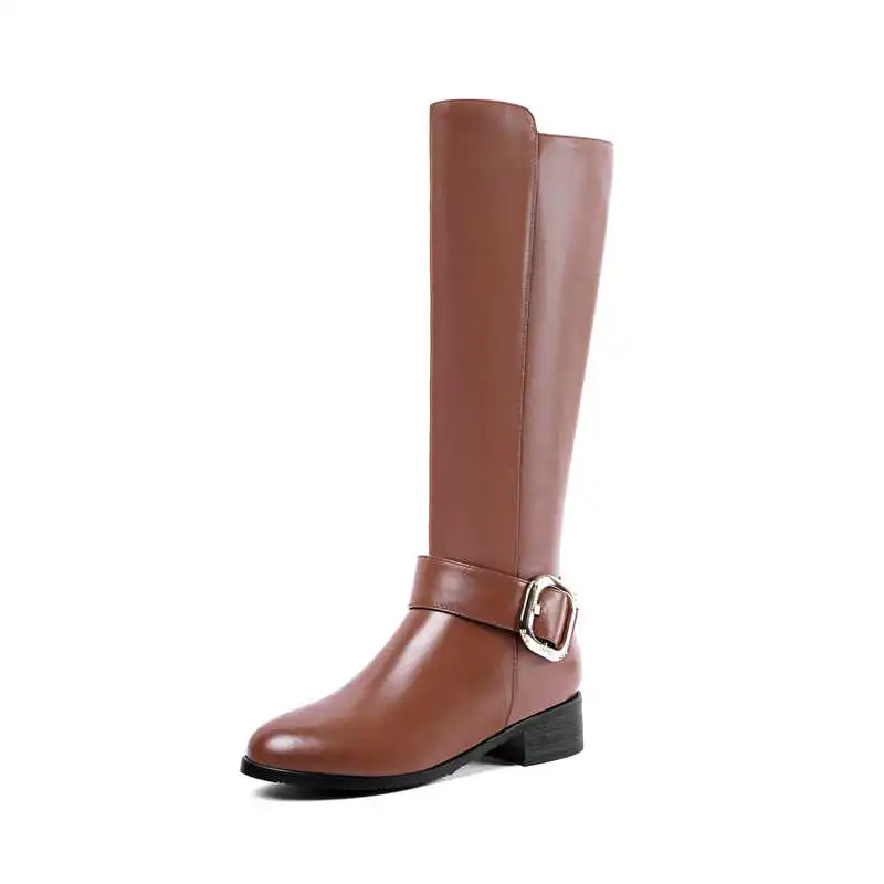 brown Smirnova/Большие размеры 34-45, модные ботинки из искусственной кожи и коровьей кожи сапоги до колена с круглым носком женские осенне-зимние ботинки на среднем каблуке, женские боты для верховой езды - Цвет: brown