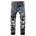 Мужские лоскутные рваные укороченные джинсы, трендовые уличные облегающие прямые Стрейчевые джинсовые брюки со средней талией, брюки длиной до щиколотки