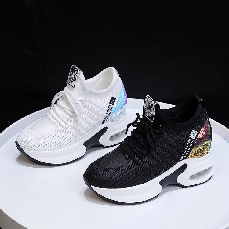 

Women's Platform Shoes High Heel Increasing Ladies Shoes Mesh Breathable Quality Wedge Black Woman Sneakers