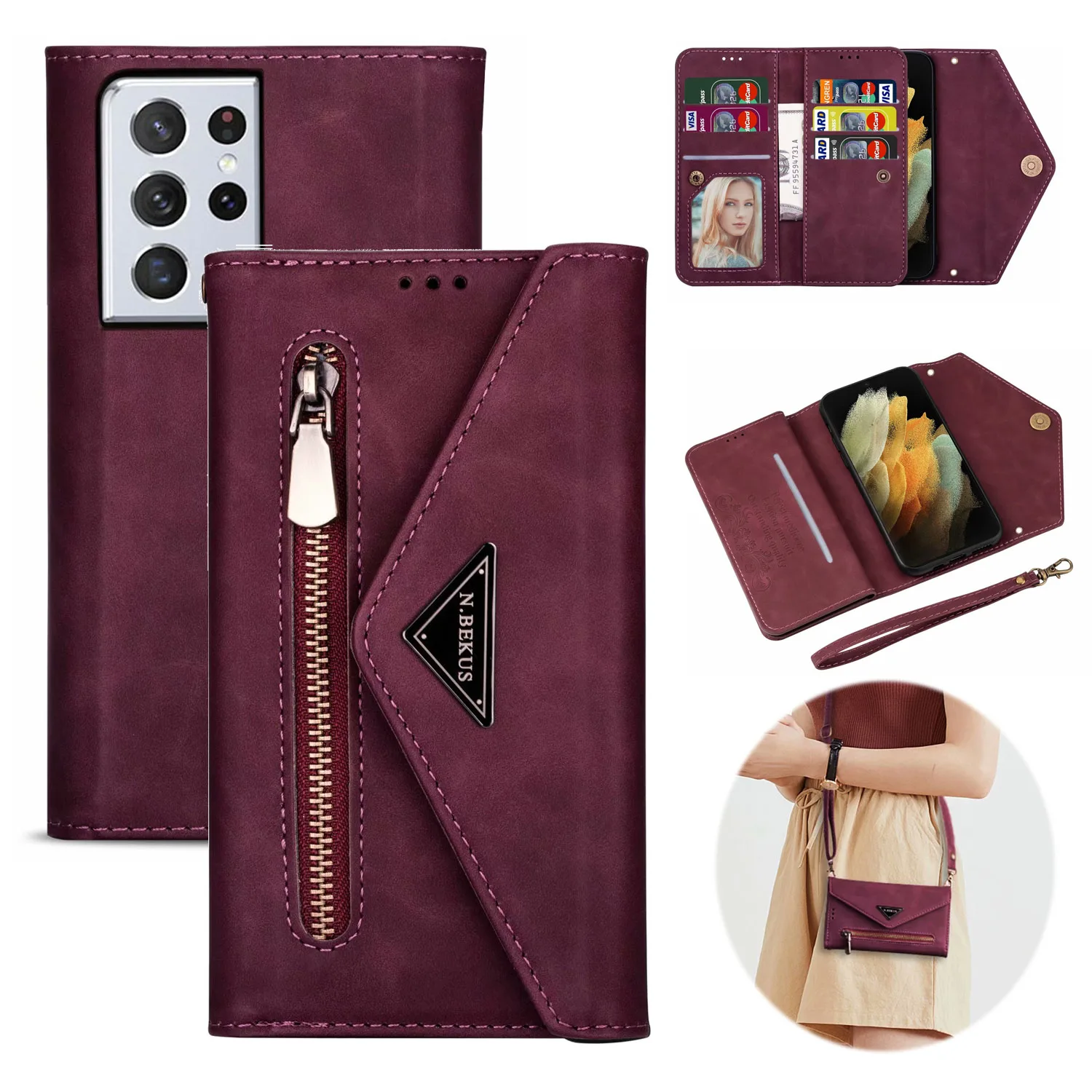 

Lanyard Cover for Samsung Galaxy S21 Ultra Detachable Crossbody Lanyard Zipper Wallet Phone Case for Samsung S21 Plus S20 FE S20