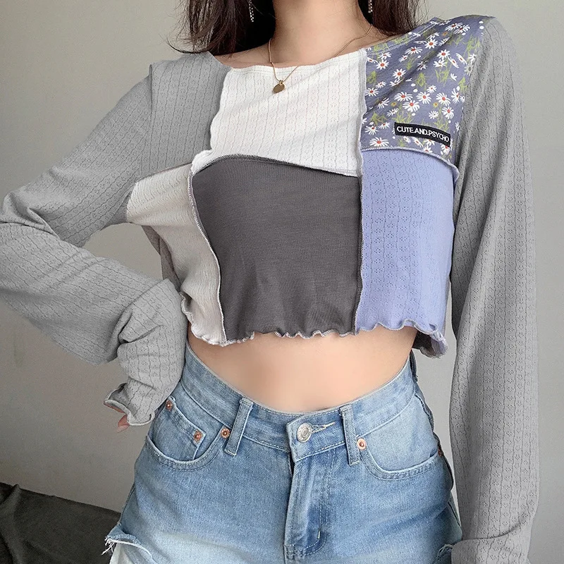 

Women's O Neck Floral Knitted Long Sleeve Patchwork Cropped T Shirt Casual Loose Harajuku Gothic Chic Tee