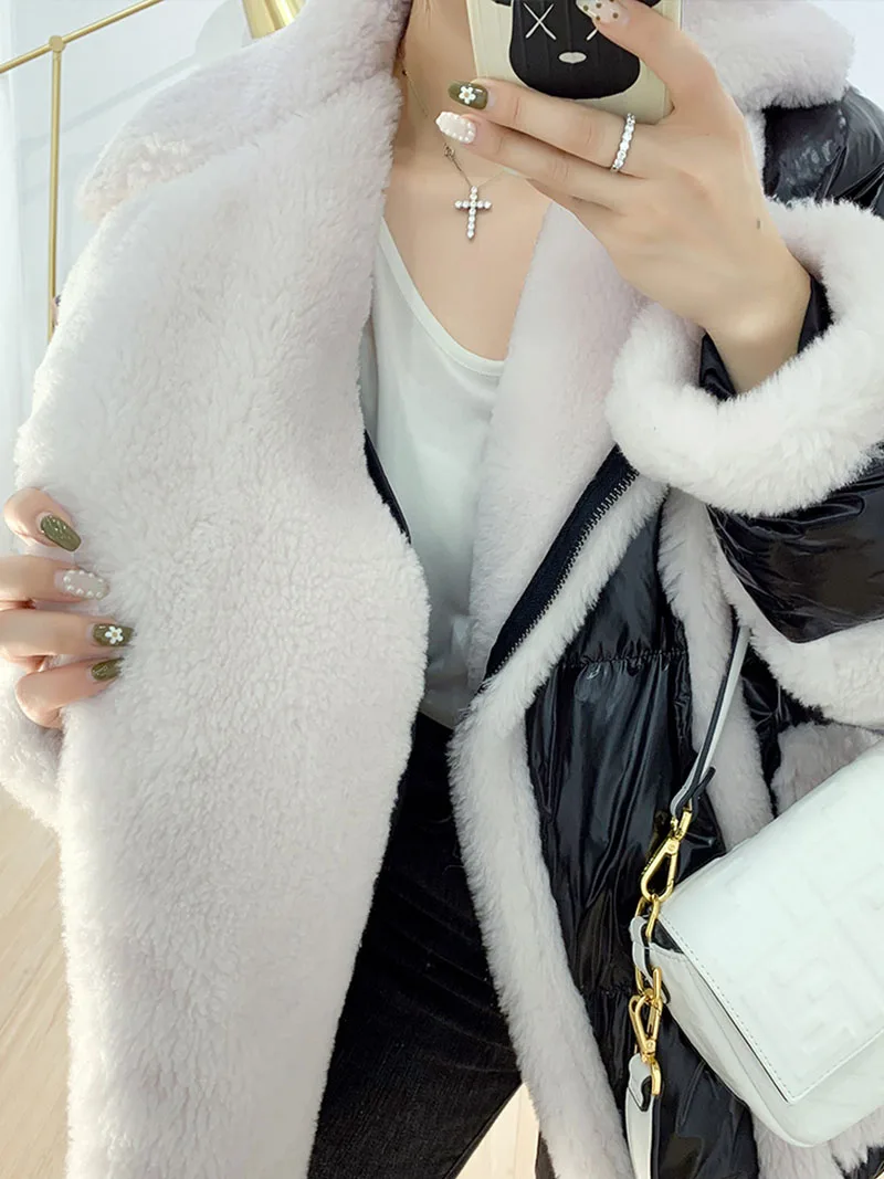Женский глянцевый пуховик зимняя теплая парка шерстяное пальто из овечьей