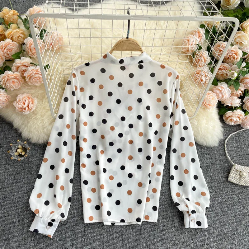 

KUSAHIKI Spring 2021 New Blouses for Women Elegant Bow Tie Collar Puff Sleeve Blusas Causal Korean Fashion Dot Shirts 6G594