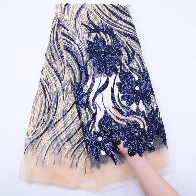 

Африканская темно-синяя кружевная ткань с блестками, лидер продаж 2019, нигерийские Свадебные платья, высококачественное Тюлевое кружево, фр...