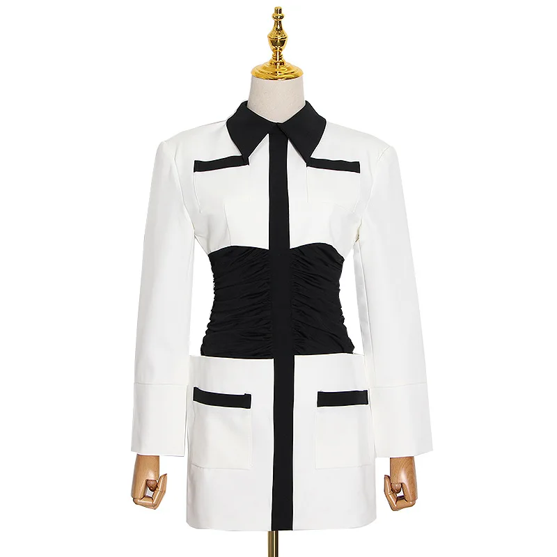 

Dress skirt lapel slim black and white contrast waist hip dress women