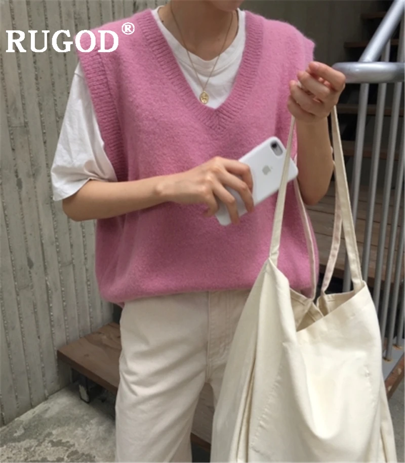 Женский вязаный свитер без рукавов RUGOD однотонный мягкий пуловер с v-образным