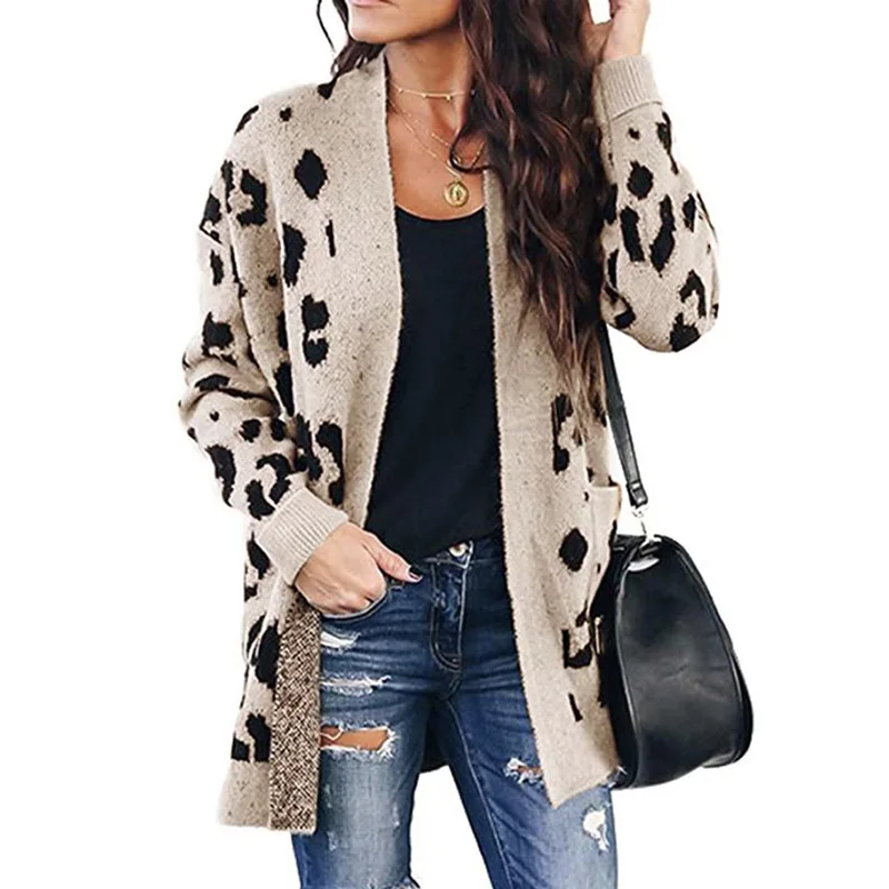 LOGAMI Long Leopard Cardigan Woman Fall Coat Sleeve Pocket Sweaters Womens Casual Cardigans New |