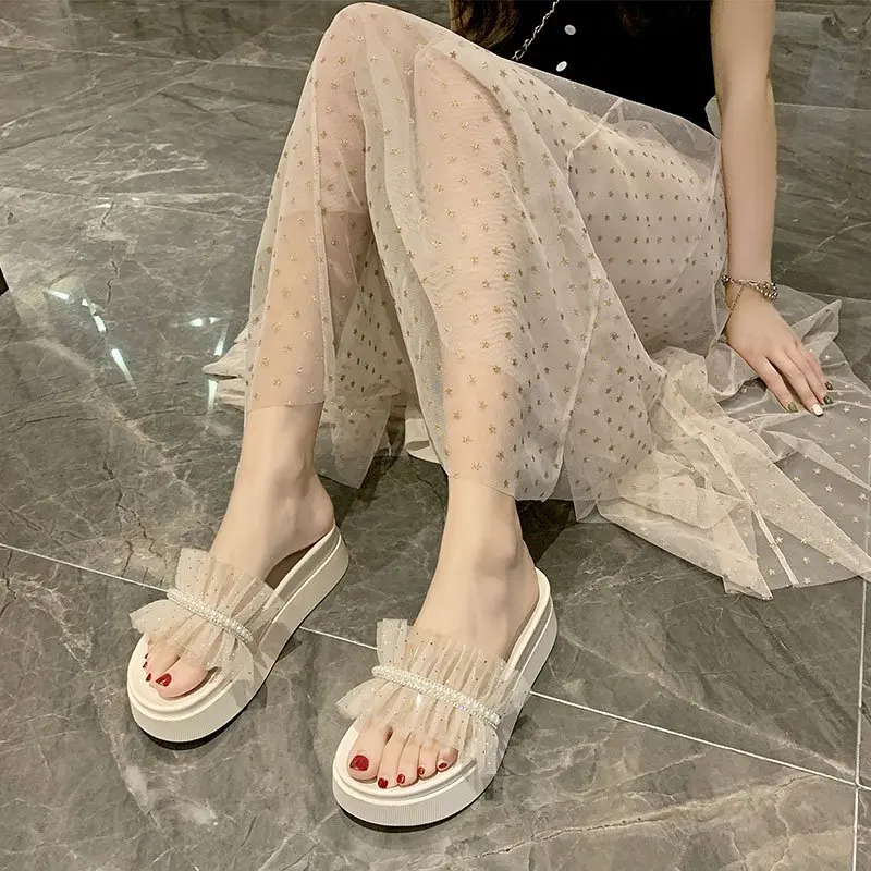 

Glitter Slides Slippers Casual Flat Shoes Female Summer Clogs Woman Transparent Heel Med Pantofle Lace Jelly Luxury Beach Soft