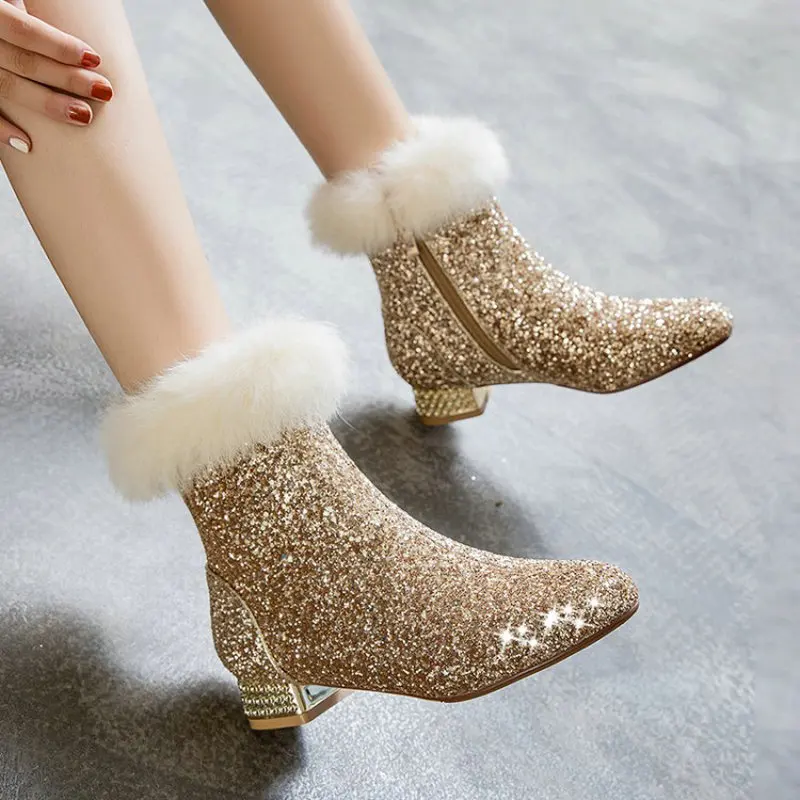 

Sianie Tianie 2021 Winter Fall Sequined Fabric Glitter Bling Woman Shoes Chunky Med Heels Warm Ankle Boots With Soft Fur Ankle