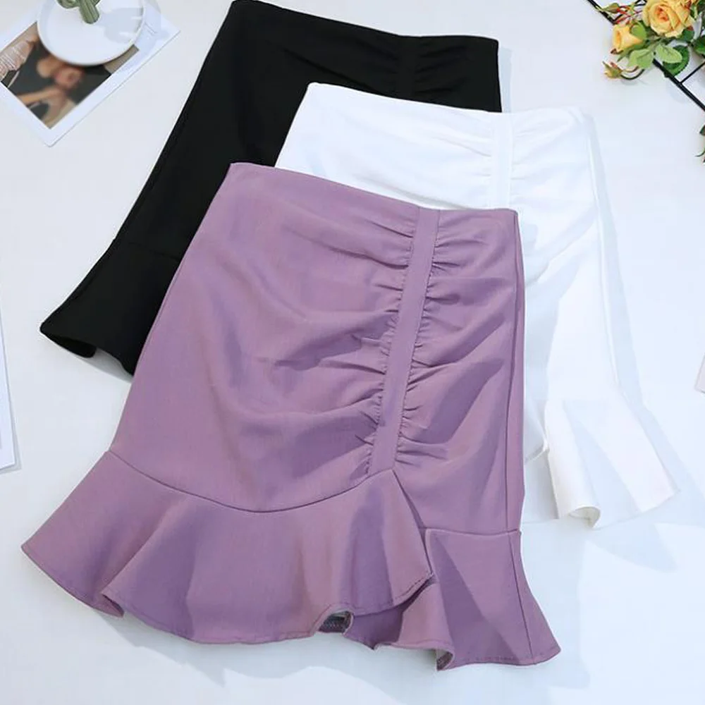 

Women Summer Boho Ruffle Skirts Korean Style Harajuku High Waist Zipper Casual Purple Black Wrap Mini Skirt Female