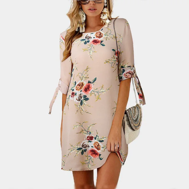 

2021 Ladies Summer Dress Bohemian Printed Chiffon Beach Dress Long Loose Mini Party Dress