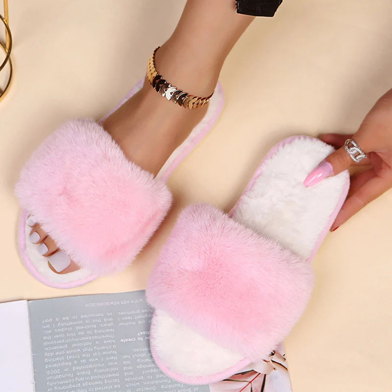 

Winter Warm Fluffy House Slippers Women Cozy Fur Home Indoor Plush Slides Flat Soft Furry Shoes Ladies Female Flip Flops