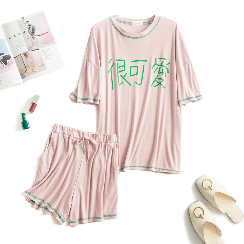 

Modal Thin Pajamas Women'S Short-Sleeved Shorts Suit Korean Sweet Girl Loose Student Sleepwear Pyjama Set Nightwear Home Service
