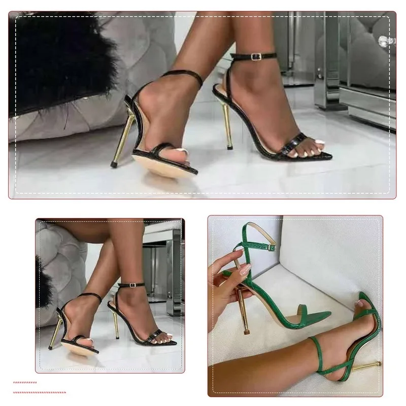 2021 Summer Sandals Ankle Strap Green Women's High Heels Shoes11CM Sandals Pointed Toe Female Wedding Party Shoes Sandalias