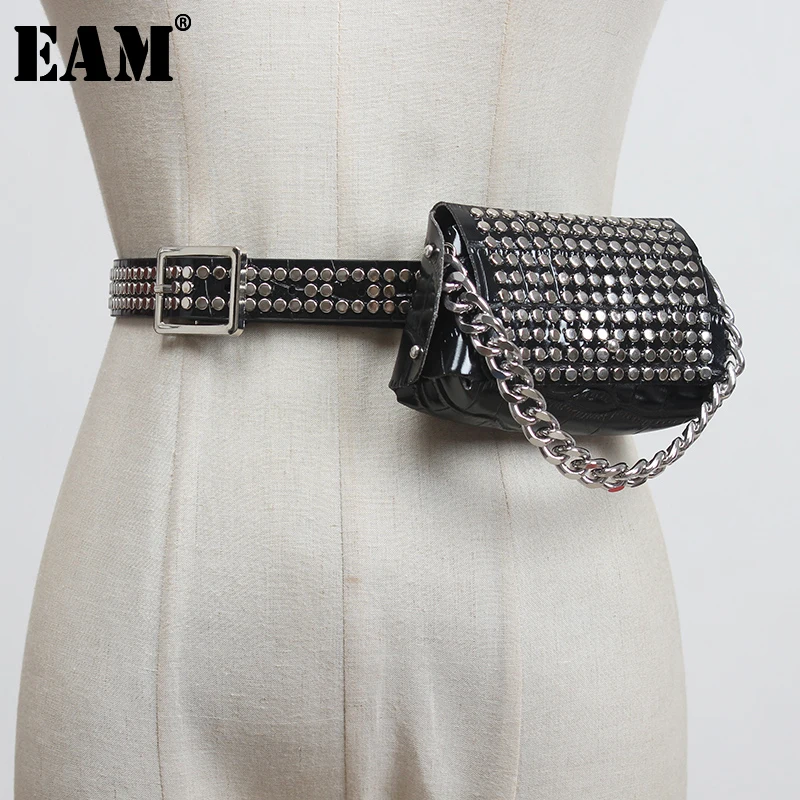 

[EAM] Pu Leather Black Rivet Metal Chain Stitch Long Belt Personality Women New Fashion Tide All-match Spring 2022 1DD7708