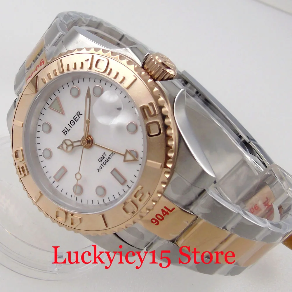 

BLIGER Brand Two Tone Rose Gold Coated Mechanical Men Watch Oyster Strap Mingzhu 3804 GMT Screwdown Crown