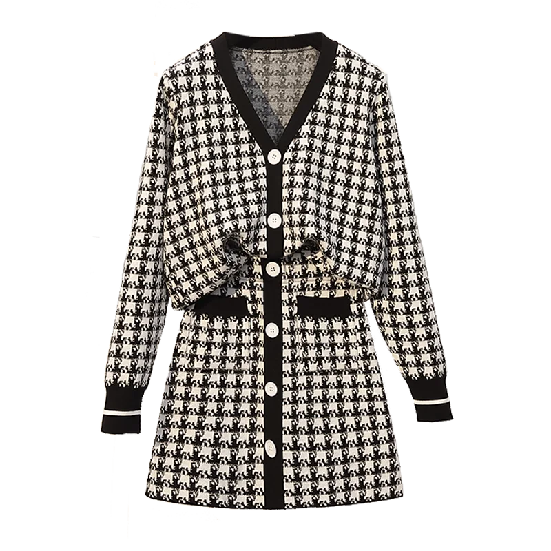 

Autumn Winter Knitted Two Piece Set 2020 Women Long Sleeve Plaid Sweater Cardigan Crop Tops +Mini Skirt Set Suit Plus Size