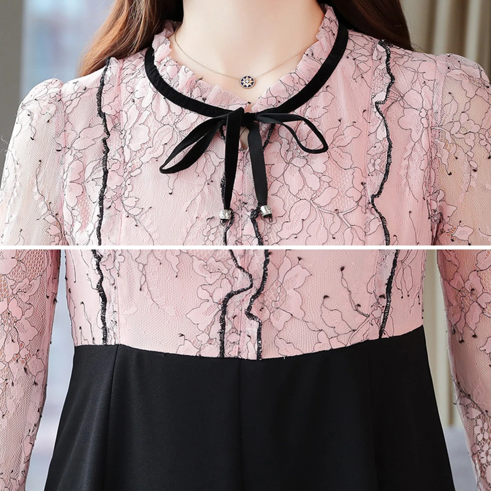 Женское кружевное платье с высокой талией в стиле пэчворк Корейском вечерние