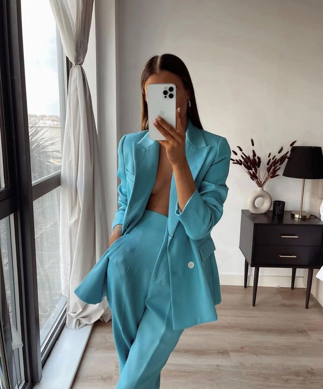 

Lake Blue Women Suits Full Sleeve Blazers Jacket Wide Leg Pant Two Pieces Sets Lady Outfits Work Clothes Tuxedos