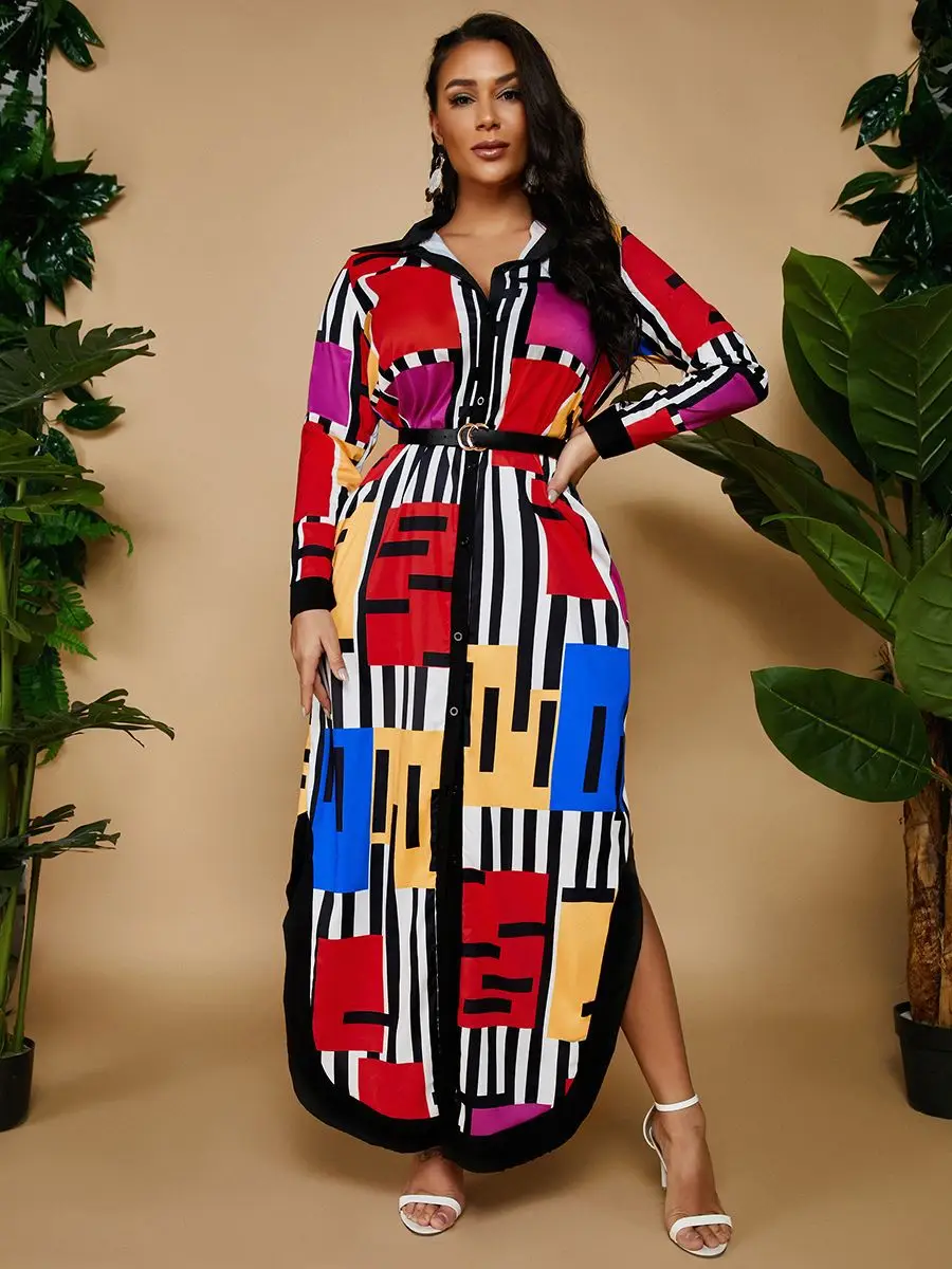

Женское платье-рубашка, длинное летнее платье из полиэстера с принтом в африканском стиле, 2021